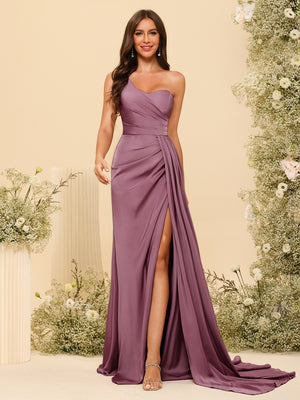 one shoulder long formal dress Lavetir Bridesmaid Dresses Burgundy Sheath/Column One-Shoulder Sweetheart Long Formal Dresses with Split Side 2026