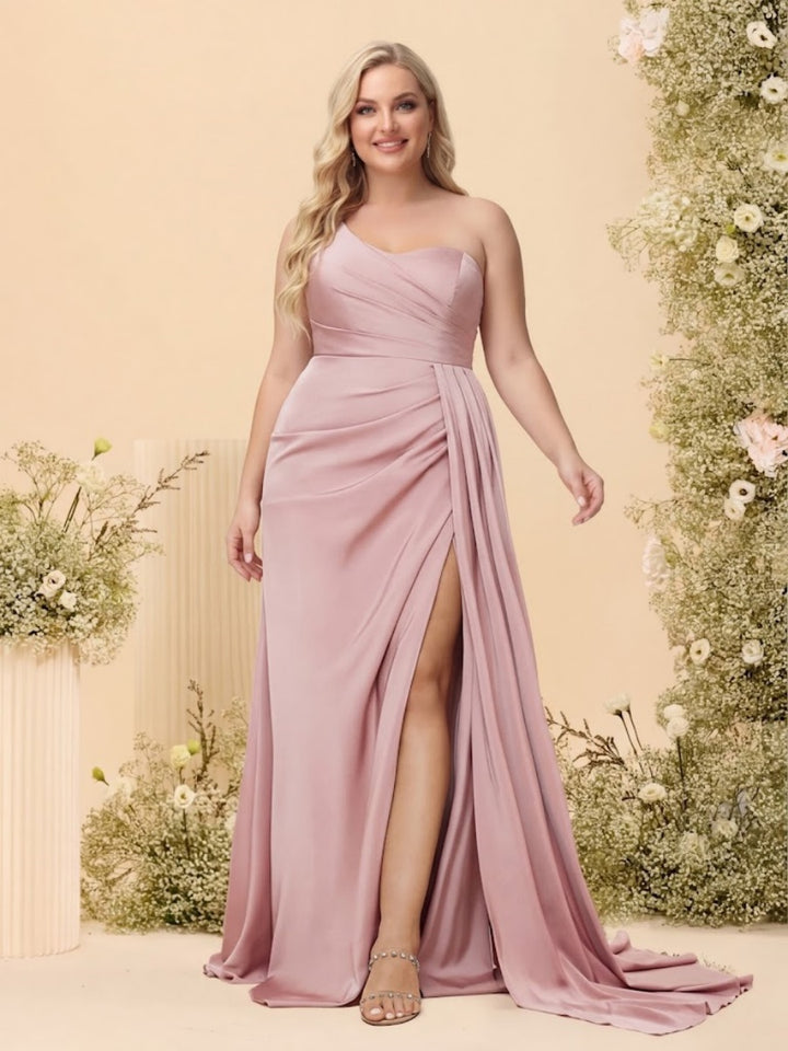 Sheath/Column One-Shoulder Sweetheart Long Formal Plus Size Dresses with Split Side
