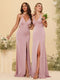 Sheath/Column V-Neck Spaghetti Straps Long Formal Dresses with Split Side