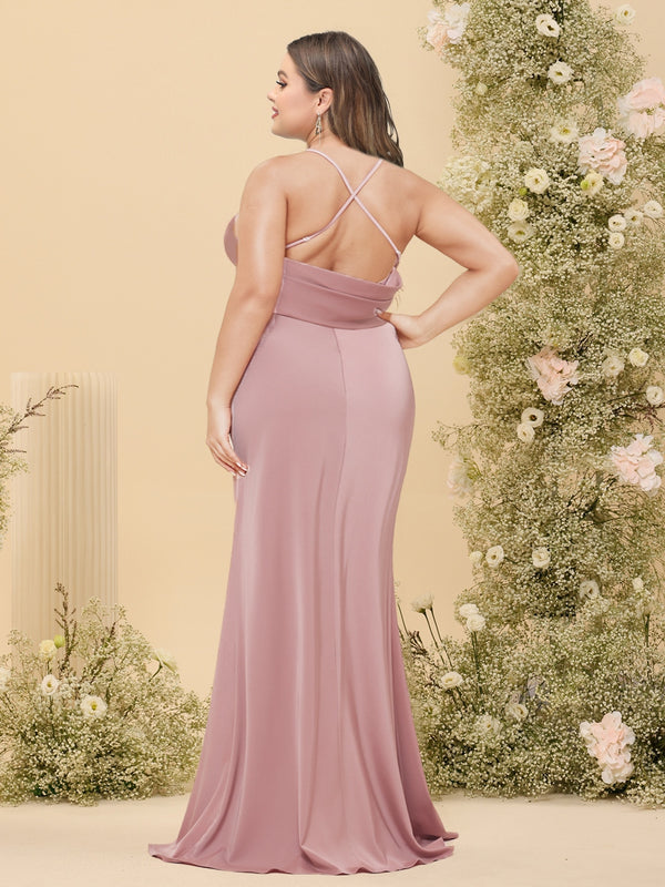 Sheath/Column V-Neck Spaghetti Straps Long Plus Size Formal Dresses with Split Side