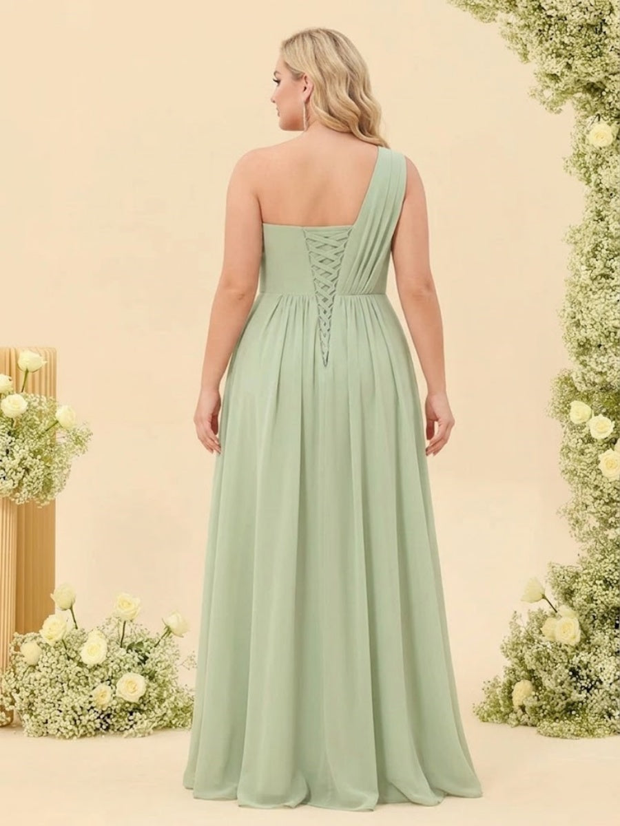 A-Line/Princess One-Shoulder Long Bridesmaid Plus Size Dresses with Split Side
