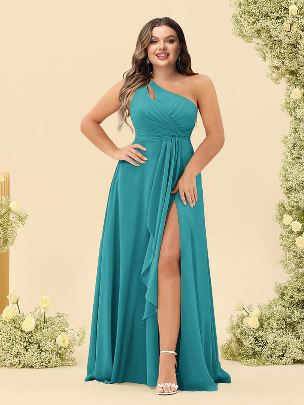 A-Line/Princess One-Shoulder Long Bridesmaid Plus Size Dresses with Split Side