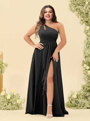 A-Line/Princess One-Shoulder Long Bridesmaid Plus Size Dresses with Split Side