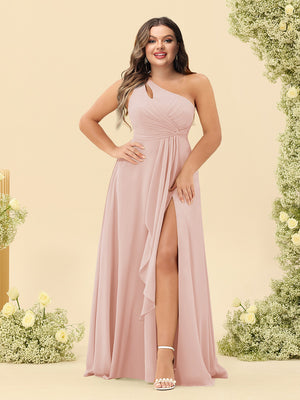 A-Line/Princess One-Shoulder Long Bridesmaid Plus Size Dresses with Split Side
