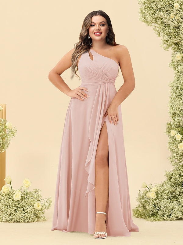 A-Line/Princess One-Shoulder Long Bridesmaid Plus Size Dresses with Split Side