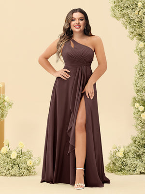 A-Line/Princess One-Shoulder Long Bridesmaid Plus Size Dresses with Split Side
