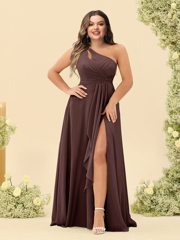 A-Line/Princess One-Shoulder Long Bridesmaid Plus Size Dresses with Split Side
