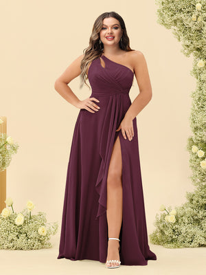A-Line/Princess One-Shoulder Long Bridesmaid Plus Size Dresses with Split Side