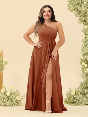 A-Line/Princess One-Shoulder Long Bridesmaid Plus Size Dresses with Split Side