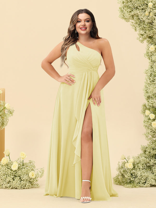 A-Line/Princess One-Shoulder Long Bridesmaid Plus Size Dresses with Split Side