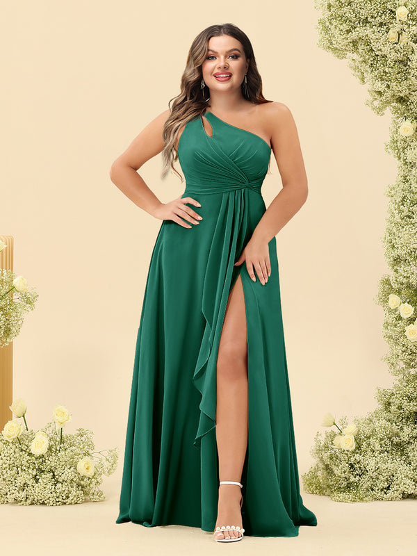 A-Line/Princess One-Shoulder Long Bridesmaid Plus Size Dresses with Split Side