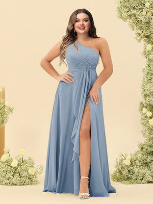 A-Line/Princess One-Shoulder Long Bridesmaid Plus Size Dresses with Split Side