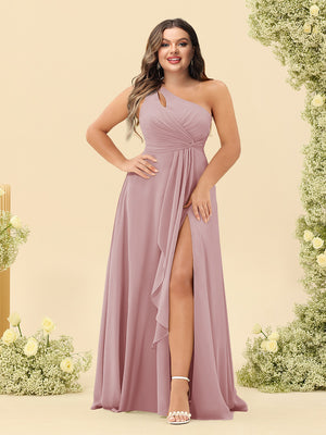 A-Line/Princess One-Shoulder Long Bridesmaid Plus Size Dresses with Split Side
