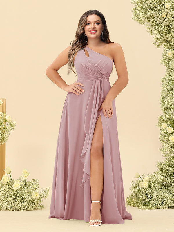 A-Line/Princess One-Shoulder Long Bridesmaid Plus Size Dresses with Split Side