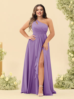 A-Line/Princess One-Shoulder Long Bridesmaid Plus Size Dresses with Split Side