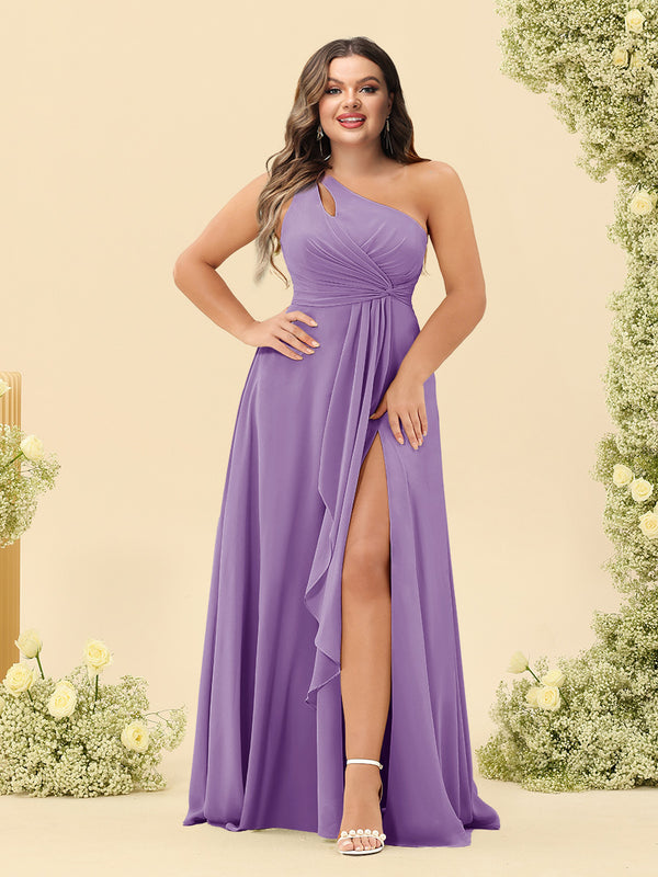 A-Line/Princess One-Shoulder Long Bridesmaid Plus Size Dresses with Split Side