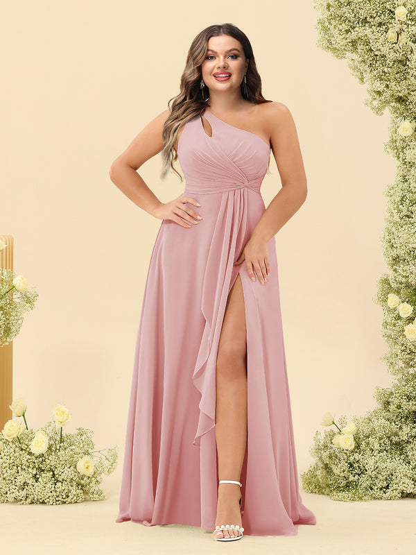 A-Line/Princess One-Shoulder Long Bridesmaid Plus Size Dresses with Split Side