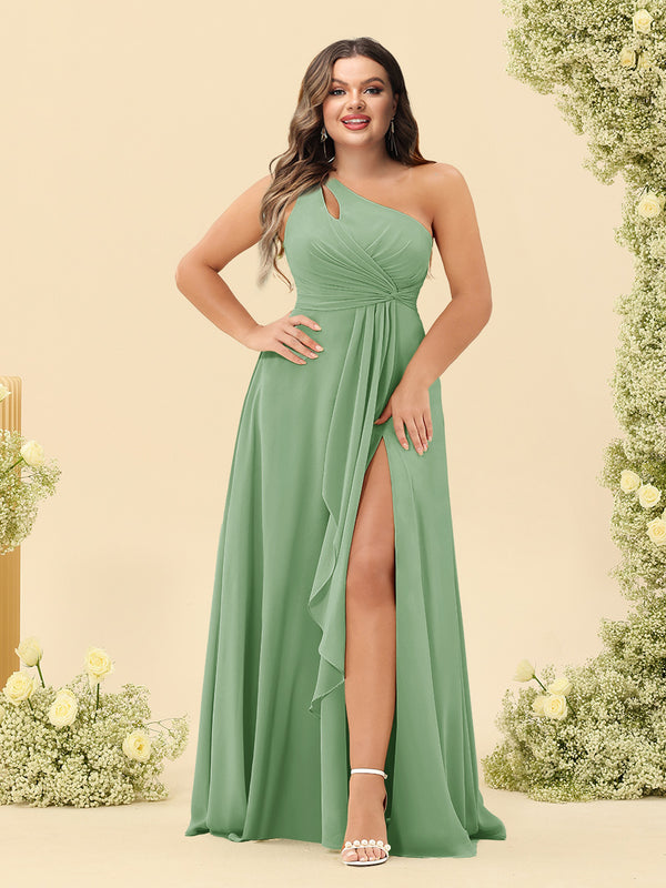 A-Line/Princess One-Shoulder Long Bridesmaid Plus Size Dresses with Split Side