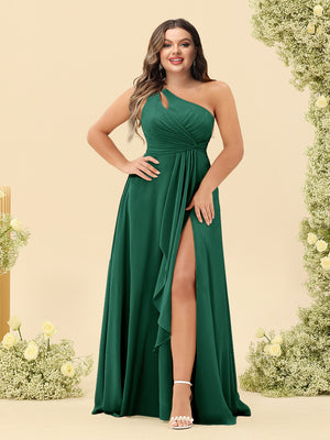 A-Line/Princess One-Shoulder Long Bridesmaid Plus Size Dresses with Split Side