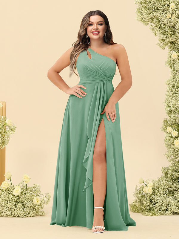 A-Line/Princess One-Shoulder Long Bridesmaid Plus Size Dresses with Split Side