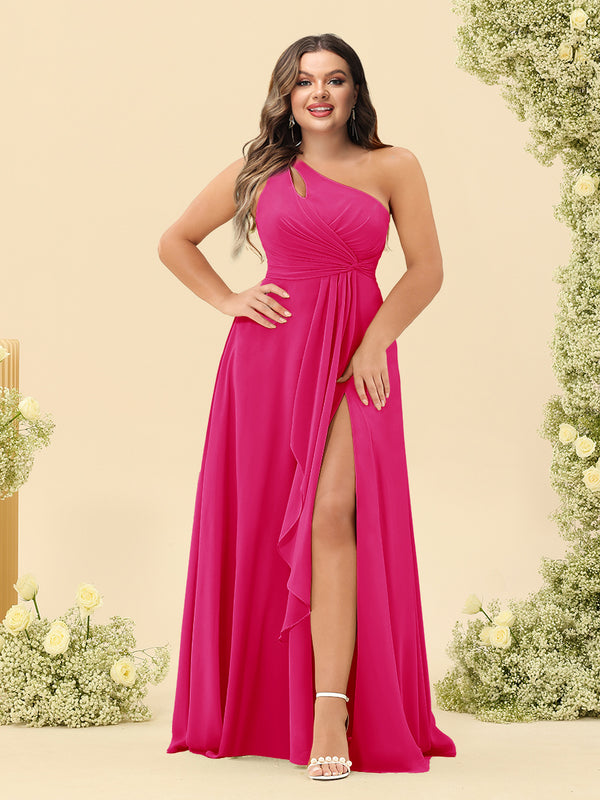 A-Line/Princess One-Shoulder Long Bridesmaid Plus Size Dresses with Split Side