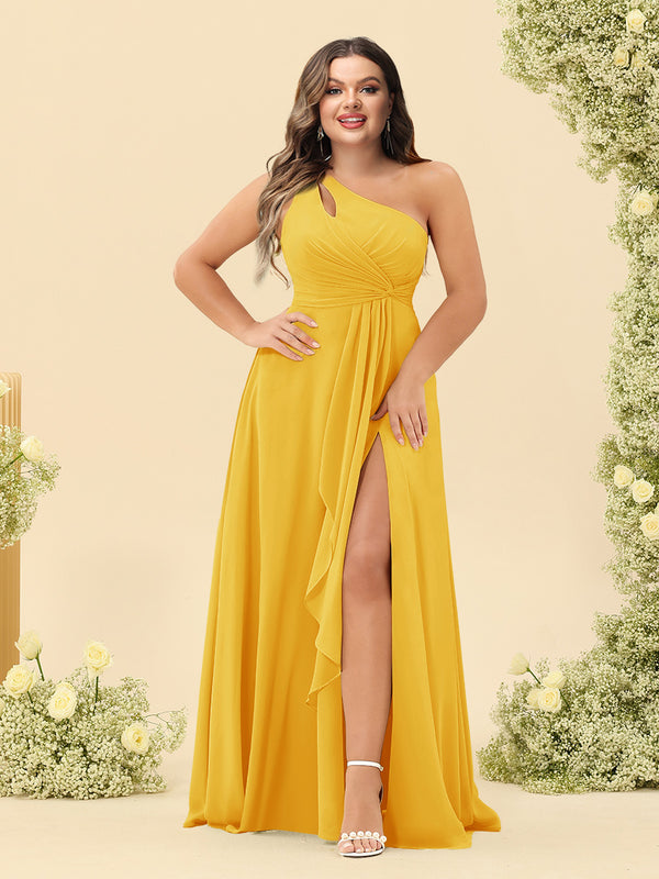 A-Line/Princess One-Shoulder Long Bridesmaid Plus Size Dresses with Split Side
