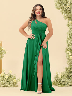 A-Line/Princess One-Shoulder Long Bridesmaid Plus Size Dresses with Split Side