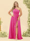 A-Line/Princess One-Shoulder Long Bridesmaid Plus Size Dresses with Split Side