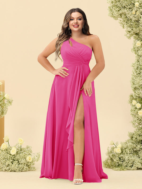 A-Line/Princess One-Shoulder Long Bridesmaid Plus Size Dresses with Split Side