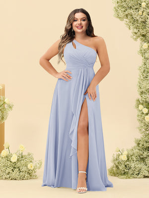 A-Line/Princess One-Shoulder Long Bridesmaid Plus Size Dresses with Split Side