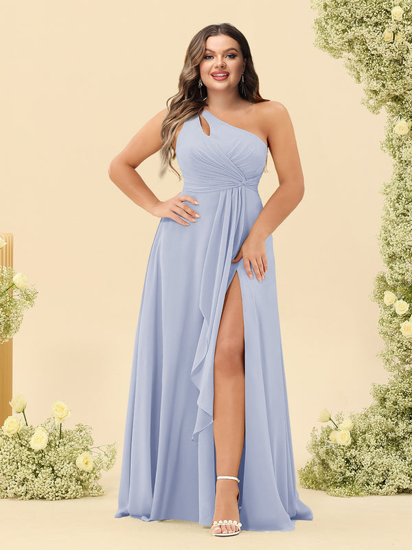 A-Line/Princess One-Shoulder Long Bridesmaid Plus Size Dresses with Split Side