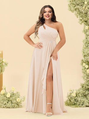 A-Line/Princess One-Shoulder Long Bridesmaid Plus Size Dresses with Split Side