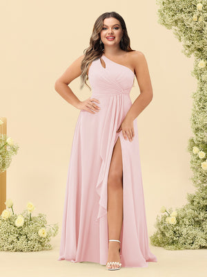 A-Line/Princess One-Shoulder Long Bridesmaid Plus Size Dresses with Split Side