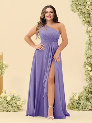 A-Line/Princess One-Shoulder Long Bridesmaid Plus Size Dresses with Split Side