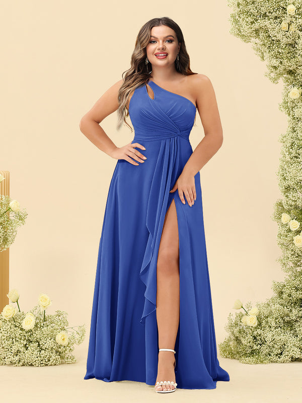 A-Line/Princess One-Shoulder Long Bridesmaid Plus Size Dresses with Split Side