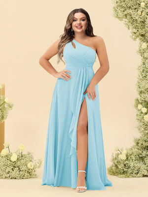 A-Line/Princess One-Shoulder Long Bridesmaid Plus Size Dresses with Split Side