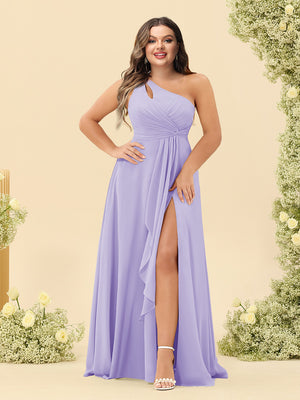 A-Line/Princess One-Shoulder Long Bridesmaid Plus Size Dresses with Split Side