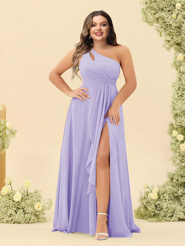A-Line/Princess One-Shoulder Long Bridesmaid Plus Size Dresses with Split Side