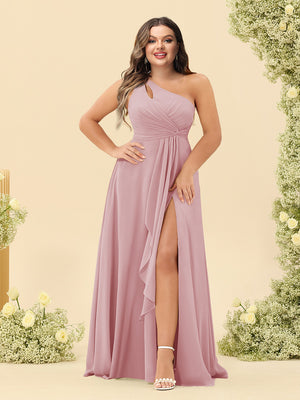 A-Line/Princess One-Shoulder Long Bridesmaid Plus Size Dresses with Split Side