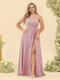 A-Line/Princess One-Shoulder Long Bridesmaid Plus Size Dresses with Split Side