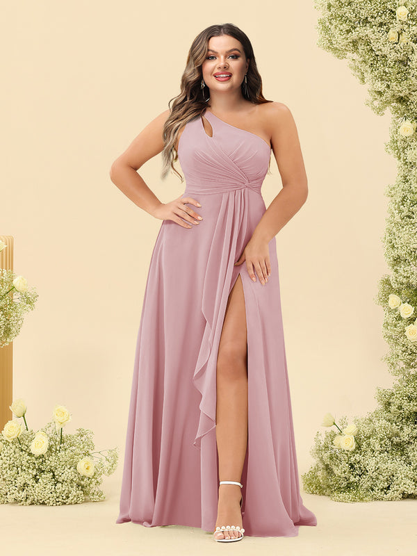 A-Line/Princess One-Shoulder Long Bridesmaid Plus Size Dresses with Split Side