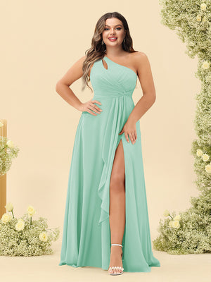 A-Line/Princess One-Shoulder Long Bridesmaid Plus Size Dresses with Split Side