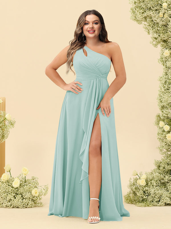 A-Line/Princess One-Shoulder Long Bridesmaid Plus Size Dresses with Split Side