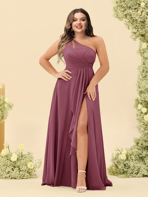 A-Line/Princess One-Shoulder Long Bridesmaid Plus Size Dresses with Split Side