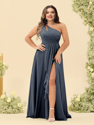 A-Line/Princess One-Shoulder Long Bridesmaid Plus Size Dresses with Split Side