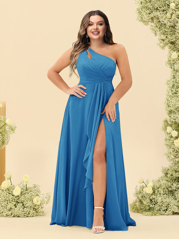 A-Line/Princess One-Shoulder Long Bridesmaid Plus Size Dresses with Split Side