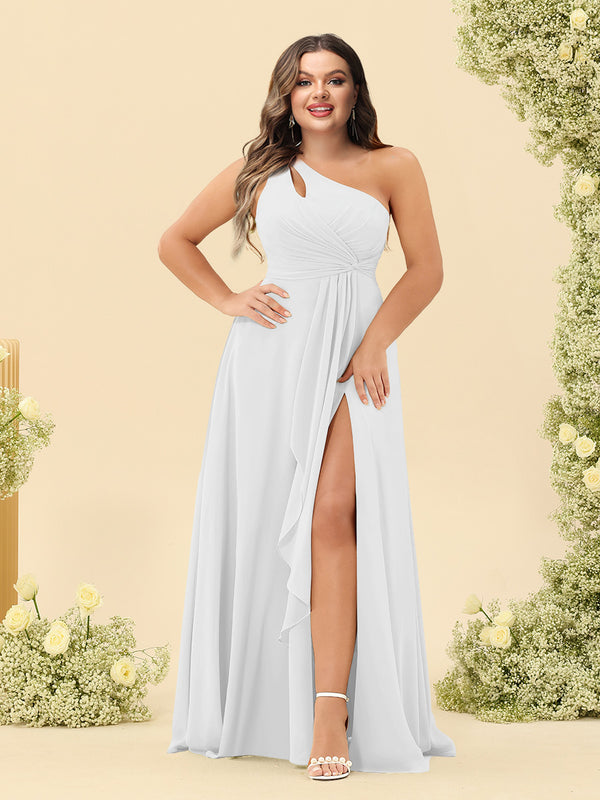 A-Line/Princess One-Shoulder Long Bridesmaid Plus Size Dresses with Split Side