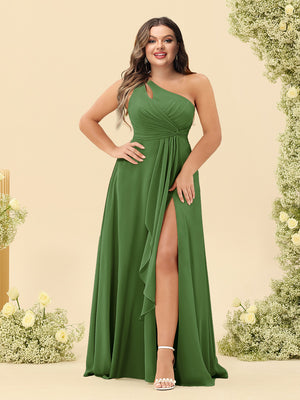 A-Line/Princess One-Shoulder Long Bridesmaid Plus Size Dresses with Split Side