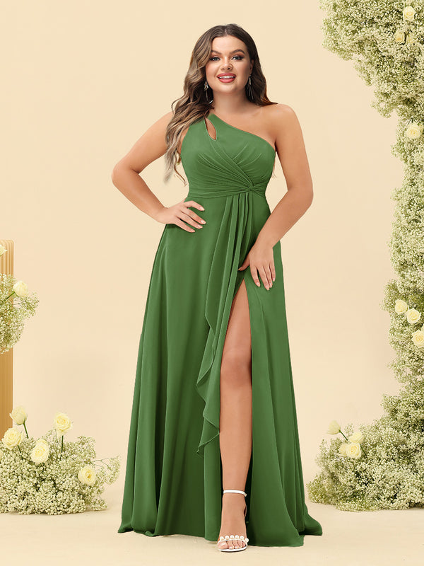 A-Line/Princess One-Shoulder Long Bridesmaid Plus Size Dresses with Split Side