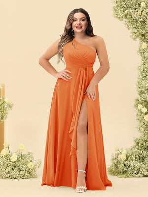 A-Line/Princess One-Shoulder Long Bridesmaid Plus Size Dresses with Split Side